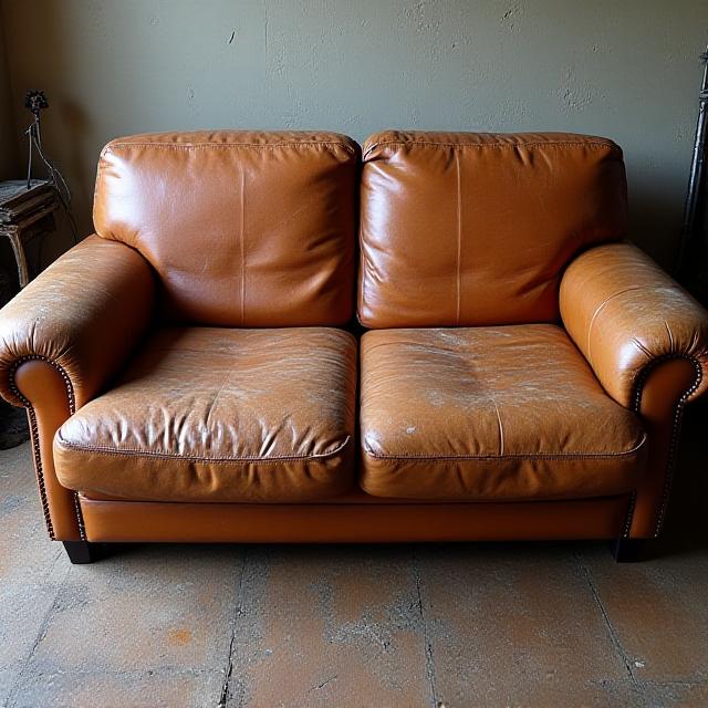 Divano in pelle degli Anni '70 prima del restauro, con pelle screpolata e scolorita