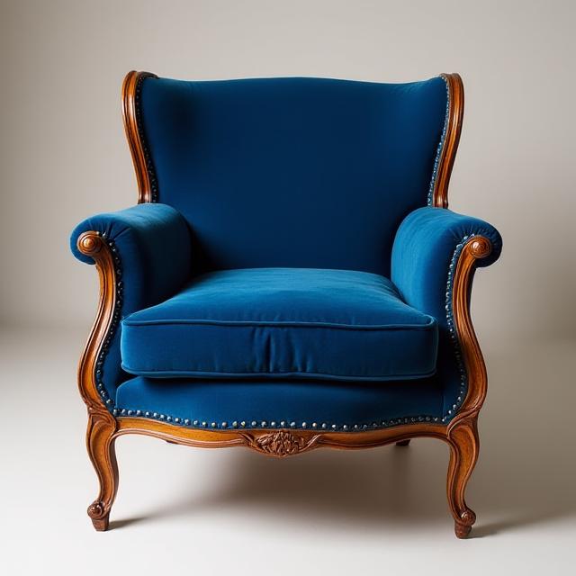 Stessa poltrona Bergère dopo il restauro, con nuovo velluto blu e legno lucidato