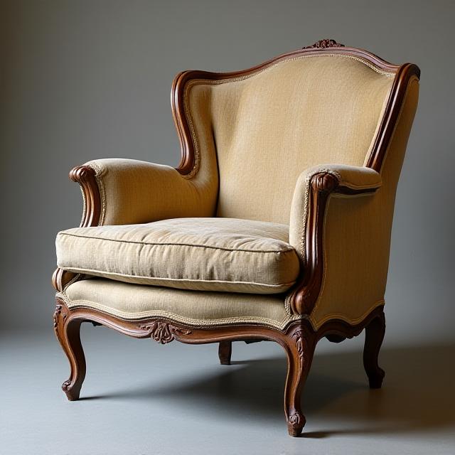 Poltrona Bergère prima del restauro, con tessuto usurato